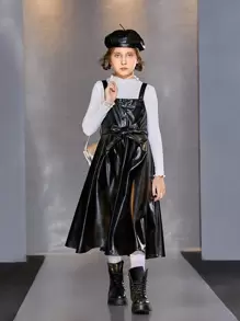 SHEIN 女孩素色木耳邊上衣和腰帶PU皮革背帶洋裝