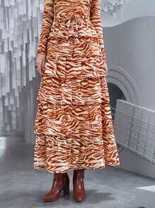 SHEIN VCAY Zebra Striped Layered Hem Belted Skirt - Multicolor - View 2