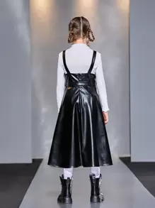 SHEIN 女孩素色木耳邊上衣和腰帶PU皮革背帶洋裝