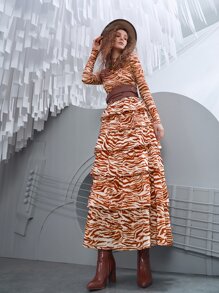 SHEIN VCAY Zebra Striped Layered Hem Belted Skirt - Multicolor - View 3