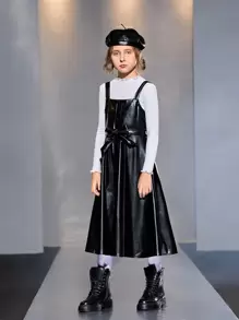 SHEIN 女孩素色木耳邊上衣和腰帶PU皮革背帶洋裝