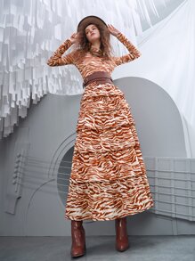 SHEIN VCAY Zebra Striped Layered Hem Belted Skirt - Multicolor - View 5