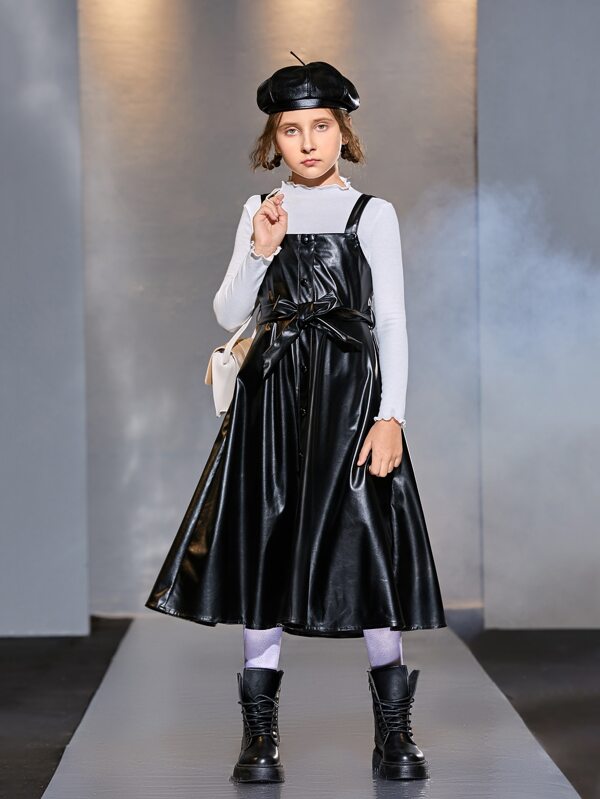 SHEIN Girls Solid Lettuce Trim Top & Belted PU Leather Overall Dress