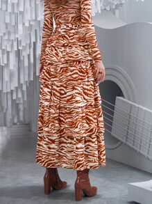 SHEIN VCAY Zebra Striped Layered Hem Belted Skirt - Multicolor - View 6