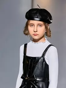 SHEIN 女孩素色木耳邊上衣和腰帶PU皮革背帶洋裝