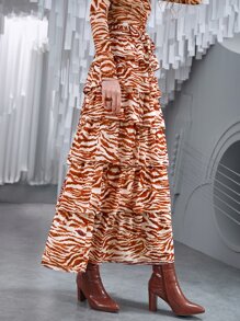 SHEIN VCAY Zebra Striped Layered Hem Belted Skirt - Multicolor - View 7