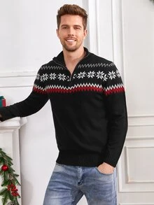 Manfinity Men Christmas Geo Pattern Half Zip Jumper - Black - View 3
