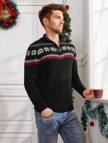 Manfinity Men Christmas Geo Pattern Half Zip Jumper - Black - View 4