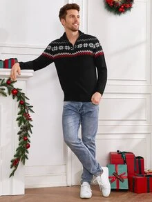 Manfinity Men Christmas Geo Pattern Half Zip Jumper - Black - View 5