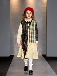 SHEIN Girls Tartan Ruffle Hem Bow Front Dress - Multicolor - View 2