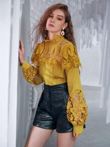 SHEIN Privé Contrast Lace Bishop Sleeve Blouse - Yellow - View 1