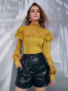 SHEIN Privé Contrast Lace Bishop Sleeve Blouse - Yellow - View 2