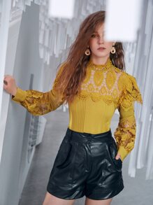 SHEIN Privé Contrast Lace Bishop Sleeve Blouse - Yellow - View 3