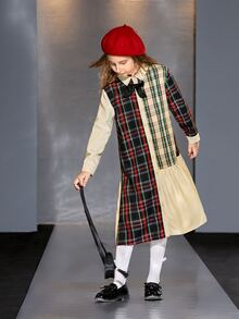 SHEIN Girls Tartan Ruffle Hem Bow Front Dress - Multicolor - View 6