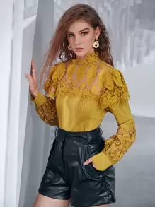 SHEIN Privé Contrast Lace Bishop Sleeve Blouse - Yellow - View 4