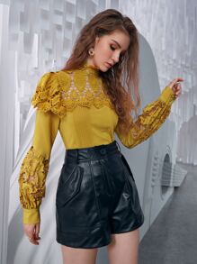 SHEIN Privé Contrast Lace Bishop Sleeve Blouse - Yellow - View 5