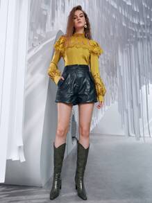SHEIN Privé Contrast Lace Bishop Sleeve Blouse - Yellow - View 6