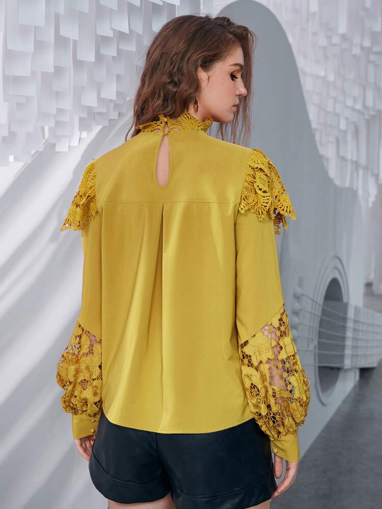 SHEIN Privé Contrast Lace Bishop Sleeve Blouse - Yellow - View 7