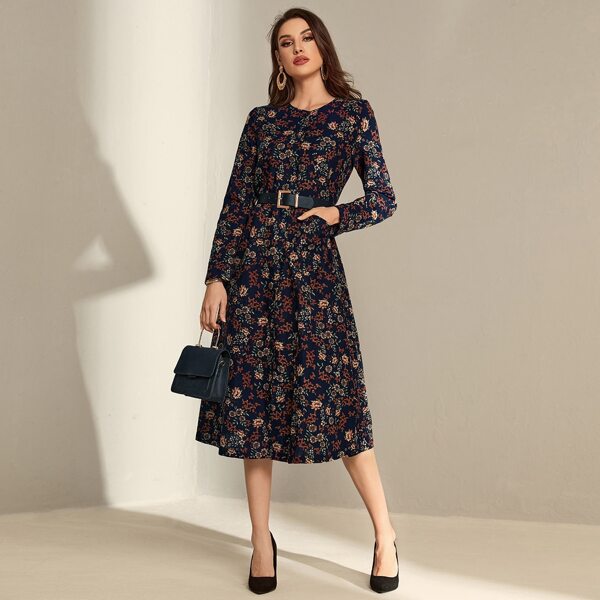 

Allover Floral Print Dress Without Belt, Multicolor