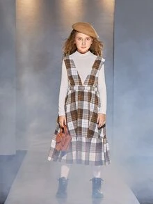 SHEIN Girls Stand Neck Top & Plaid Print Ruffle Hem Suspender Dress - Multicolor - View 3