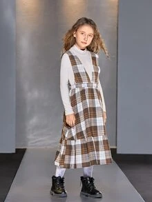 SHEIN Girls Stand Neck Top & Plaid Print Ruffle Hem Suspender Dress - Multicolor - View 4