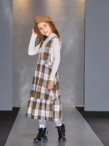 SHEIN Girls Stand Neck Top & Plaid Print Ruffle Hem Suspender Dress - Multicolor - View 5