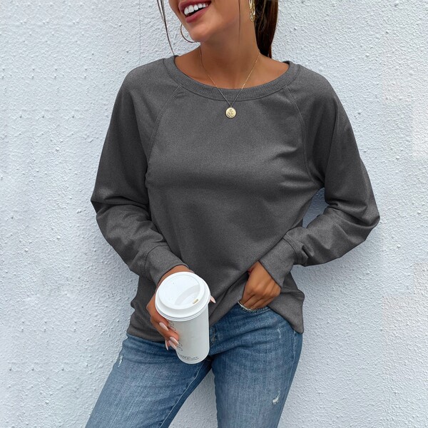 

Solid Round Neck Raglan Sleeve Pullover, Dark grey