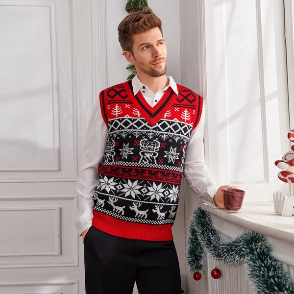 

Men Christmas Deer & Geo Pattern Sweater Vest Without Shirt, Multicolor