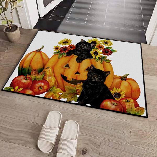 

Halloween Pumpkin & Cat Print Door Mat, Multicolor