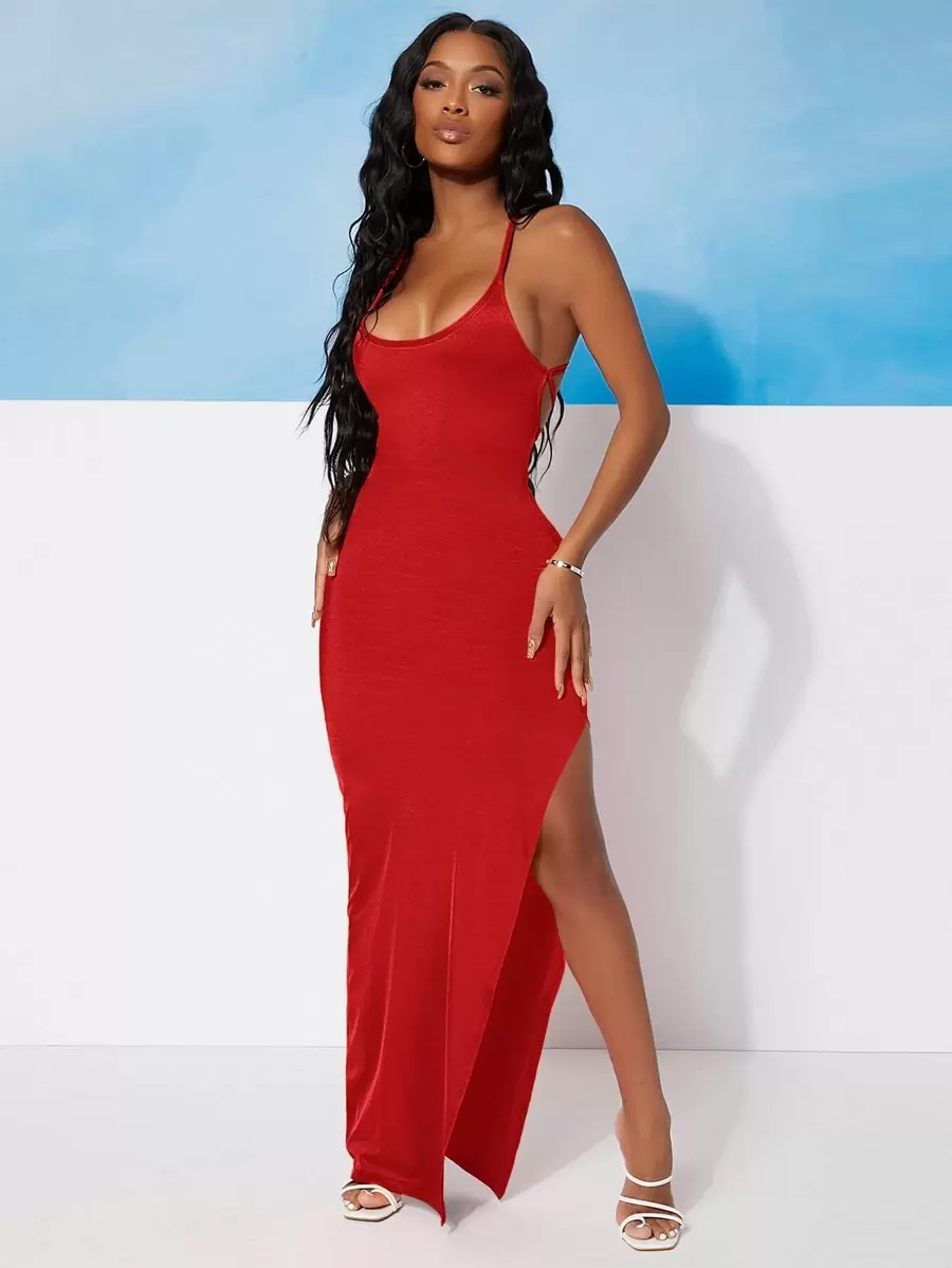 SHEIN SXY Đầm Lộ Lưng Buộc lại Tách cao màu trơn Gợi cảm - Đỏ - Xem 1