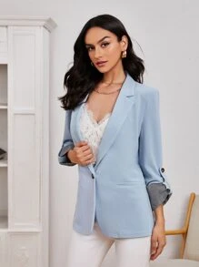 SHEIN LUNE 優雅鈕扣純色女士西裝外套 - 淺藍色 - 查看 4