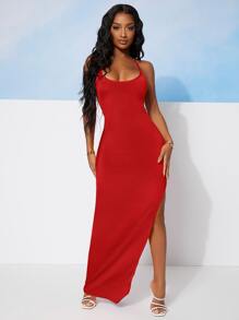 SHEIN SXY Đầm Lộ Lưng Buộc lại Tách cao màu trơn Gợi cảm - Đỏ - Xem 5