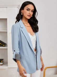 SHEIN LUNE 優雅鈕扣純色女士西裝外套 - 淺藍色 - 查看 5