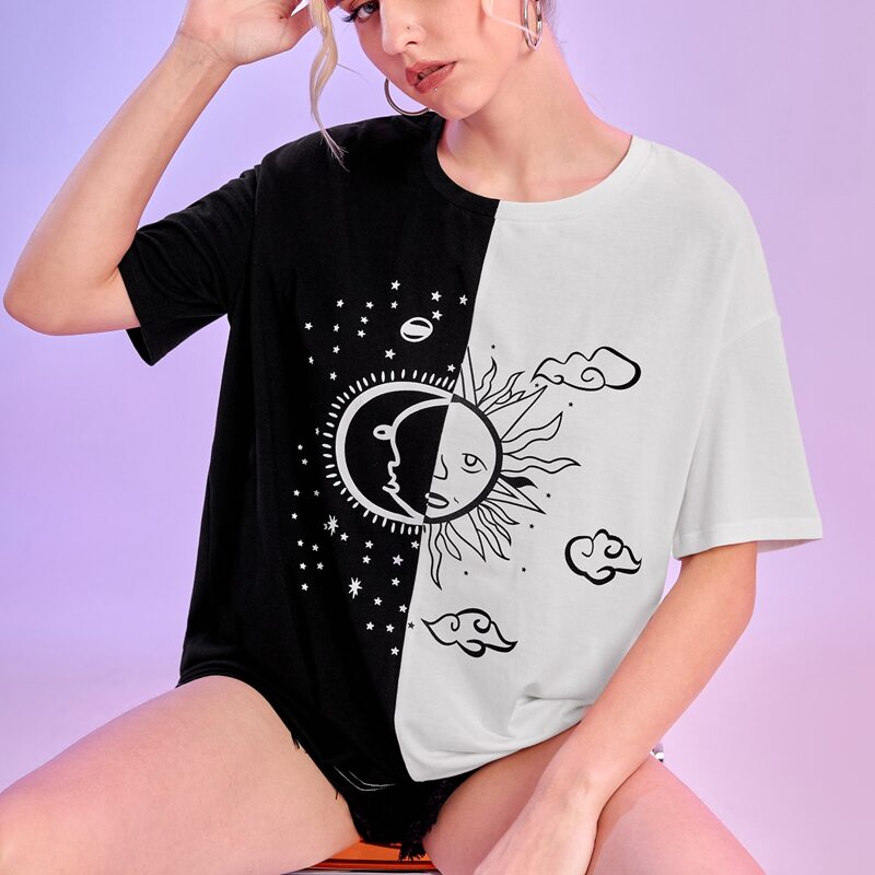 

Sun & Moon Graphic Colorblock Tee, Black and white