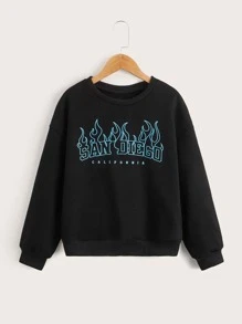SHEIN Girls Fire Print And Letter Graphic Drop Shoulder Sweatshirt - Black - View 1