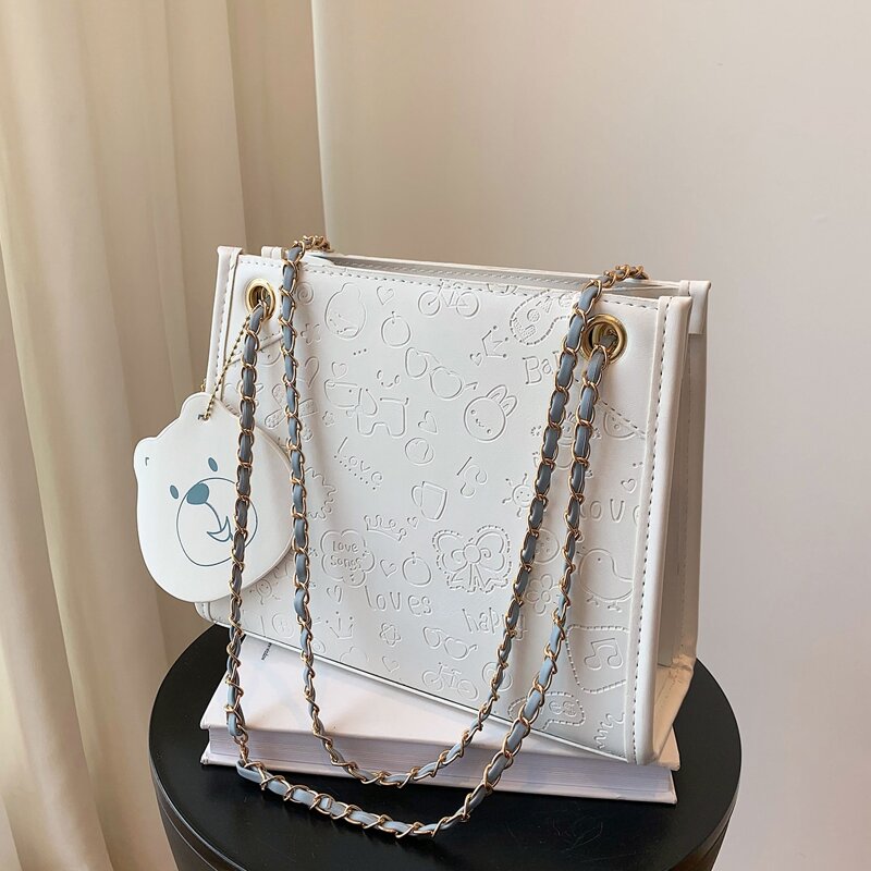 

Cartoon Embossed Tote Bag, White