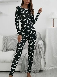 Halloween Print Cut Out Back Sleep Jumpsuit - Black - View 1