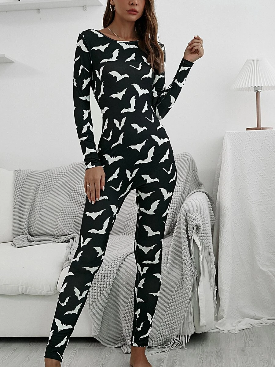 Halloween Print Cut Out Back Sleep Jumpsuit - Black - View 1