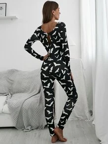 Halloween Print Cut Out Back Sleep Jumpsuit - Black - View 2