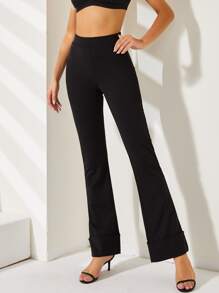 素色高腰反摺褲腳長褲 - 黑色 - 查看 1