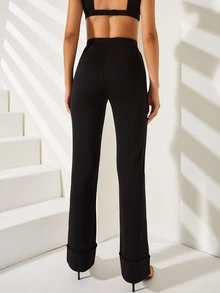 素色高腰反摺褲腳長褲 - 黑色 - 查看 2