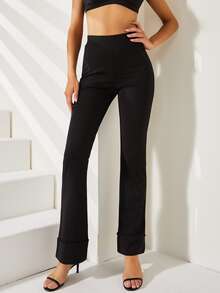 素色高腰反摺褲腳長褲 - 黑色 - 查看 4