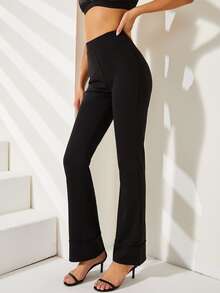 素色高腰反摺褲腳長褲 - 黑色 - 查看 7