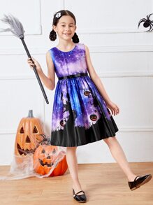 女孩萬聖節和星空圖案後綁帶洋裝
