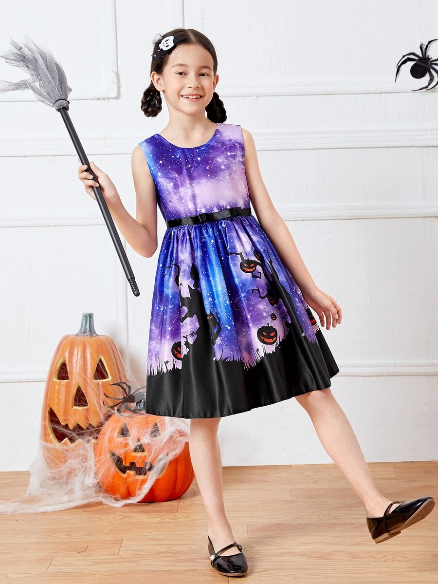 女孩萬聖節和星空圖案後綁帶洋裝