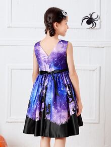 女孩萬聖節和星空圖案後綁帶洋裝