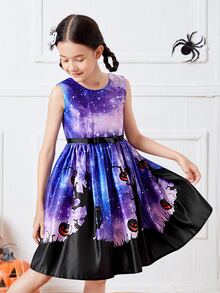 女孩萬聖節和星空圖案後綁帶洋裝