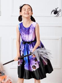 女孩萬聖節和星空圖案後綁帶洋裝