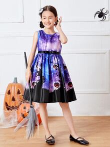 女孩萬聖節和星空圖案後綁帶洋裝