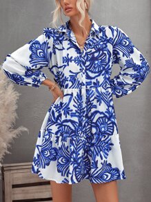 Aveloria Modichic Vestido smock con estampado floral bajo con fruncido de manga farol - Azul y blanco - Ver 3